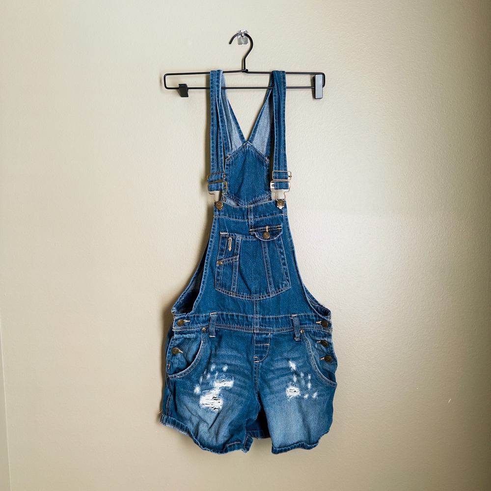 L.E.I. Carol Denim Shortalls Juniors Small Distressed Blue Jean Overalls Y2K